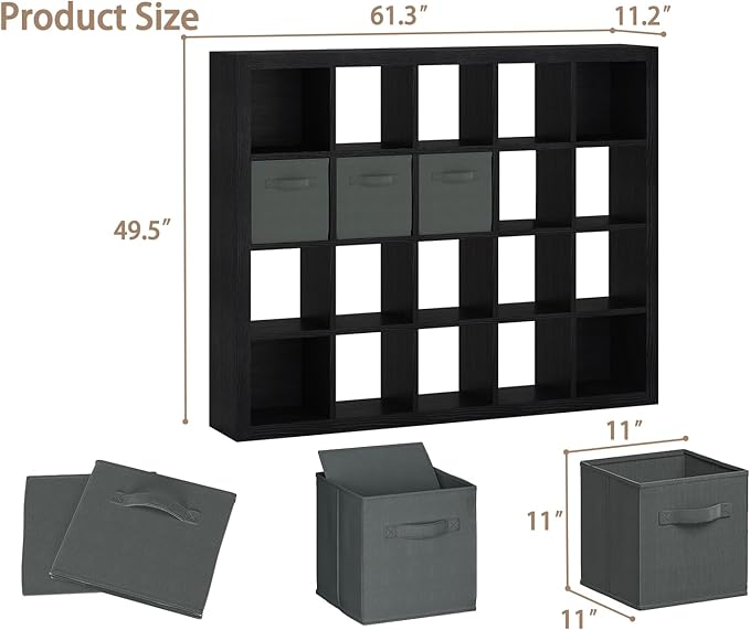 Sturdy Wooden Bookshelf - 20-Cube Storage Organizer with Bins & Multifunctional Cubicle Rack for Living Room, Bedroom or Office - Black