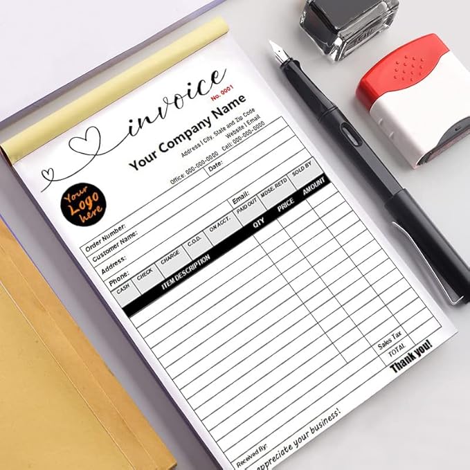 Custom Carbonless Sales Invoice Form Books for Small Business, Personalized NCR 2-Part Receipt Book with Carbon Copies, Cover Add Company Name, Address and Number Printed