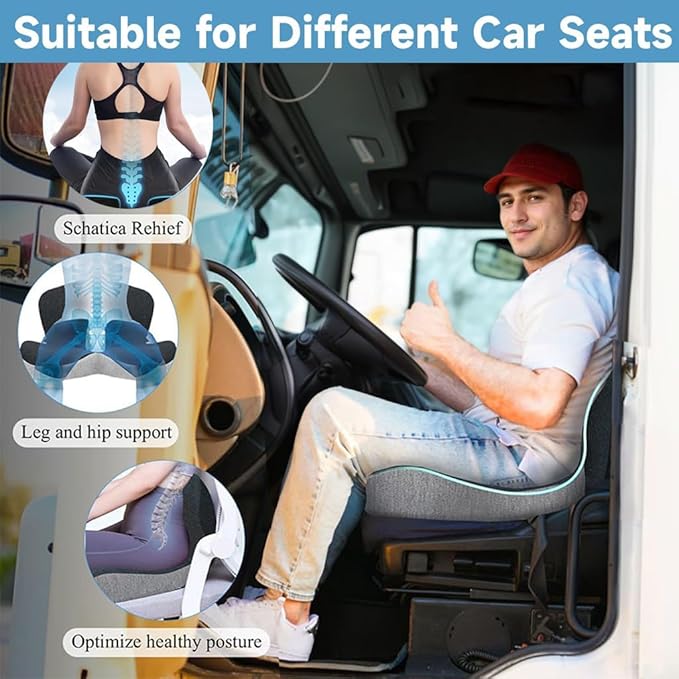 dunlips Memory Foam Seat Cushion for Truck Drivers, Office Chairs Ergonomic Seat Cushion for Back, Tailbone Sciatica Pain Relief, Pressure Relief Pad for Long Sitting, Car Seat Desk Chair Use (Gray)