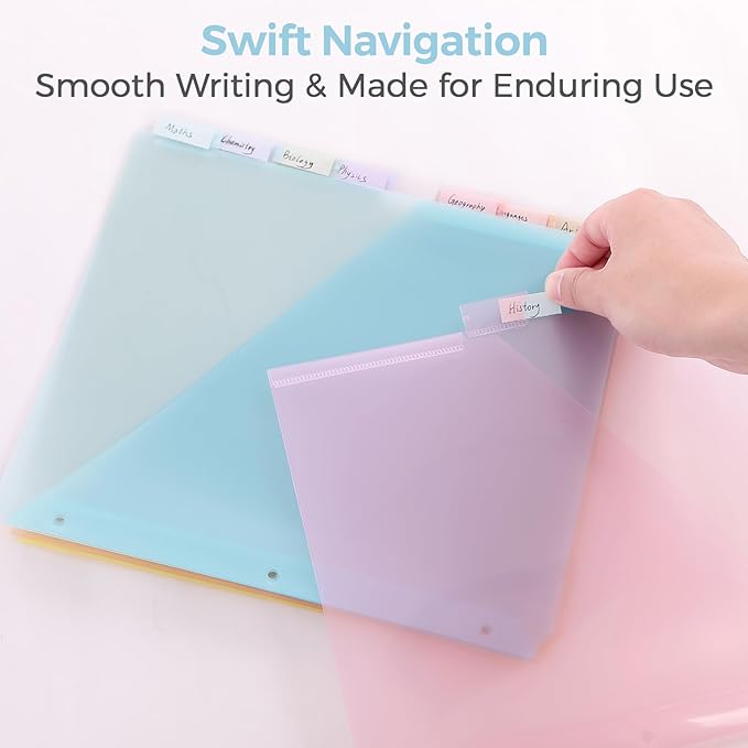 SKYDUE Binder Dividers with Pockets 8-Tab for 3-Ring Binder, Plastic Binder Dividers with Write on Tabs for School Office Home Blue