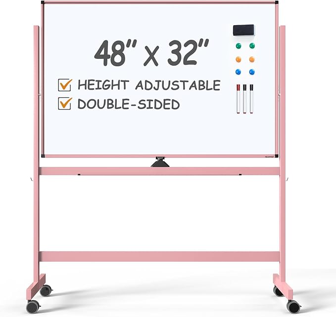TSJ OFFICE Large Rolling Whiteboard - Dry Erase Magnetic 48 x 32 Inches White Board Height Adjust Double Sides Mobile Portable Easel on Wheels, Dry Erase Board with Stand for Office, Home & Classroom