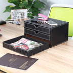 RHCSZ High-end PU Leather Desk Organizer File Cabinet Executive Office Supplies Desktop Filing A4 File Cabinet Stackable Storage Organizer Box with 3 Drawers (Black)…