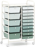 LDAILY 15 Drawer Rolling Storage Cart, Rolling Cart with Drawers for Classroom, Art Supply Craft Organizer on Wheel with Metal Frame & Handles for Home Office School (Gradient Green, 15 Drawer)