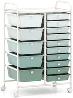 LDAILY 15 Drawer Rolling Storage Cart, Rolling Cart with Drawers for Classroom, Art Supply Craft Organizer on Wheel with Metal Frame & Handles for Home Office School (Gradient Green, 15 Drawer)