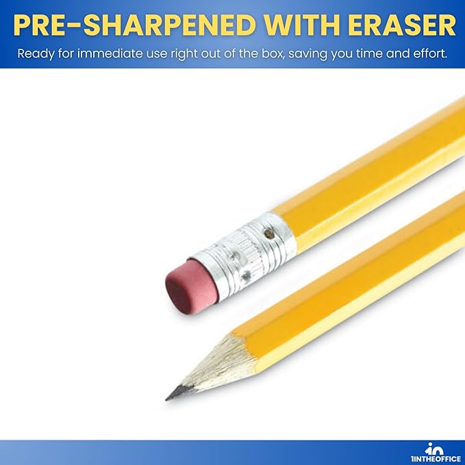 1InTheOffice Pre Sharpened Pencils #2, Pencils with Eraser, 2 HB, Wood-Cased, Black Lead, Yellow Barrel (72)