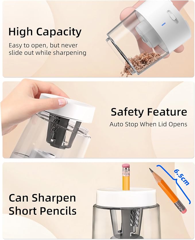 ZMOL Electric Rechargeable Pencil Sharpener, Automatic Pencil Sharpeners Kids, Battery Powered Pencil Sharpeners for Colored Pencils, Auto Stop, Suitable for No.2(6-8mm), Classroom/Home White