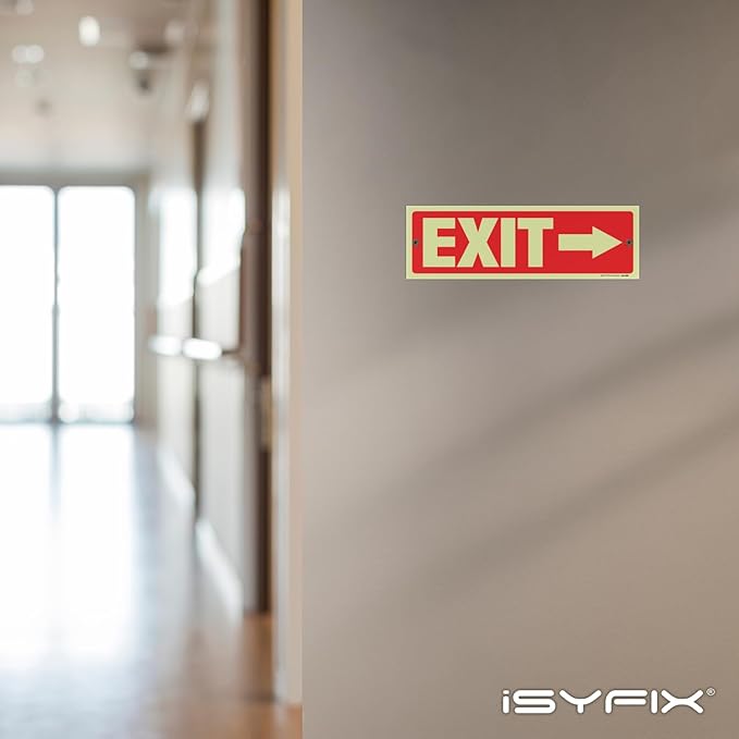 iSYFIX Exit Signs with Directional Right Arrow - 12 Pack 12x4 Inch Glow in the Dark for Business, School, Office, Warehouse - Durable 40 Mil Polystyrene, UV Laminated, Waterproof, Scratch & Fade Resistant