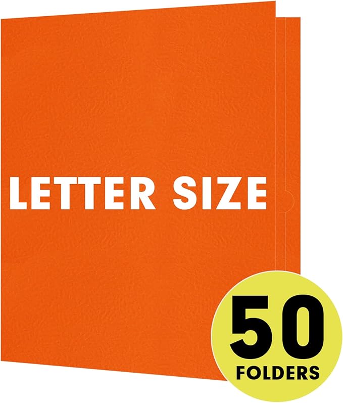 Two Pocket Folders, RAZCC 50 Pack 2 Pocket Folders Fit Letter Size Paper, Paper Folders with Pockets for School Office Business Home (Orange)