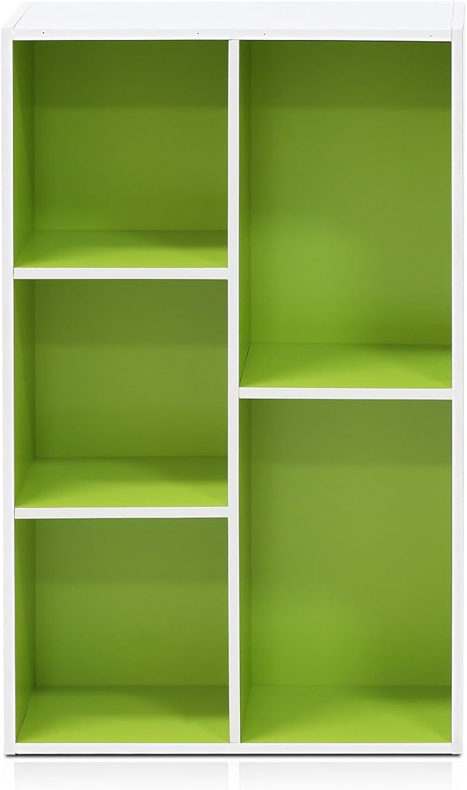 Furinno LUDER Book Shelf, 5-Cube Bookshelf, Reversible Bookcase, 9.4 x 19.5 x 31.5, for Living Room, Bedroom, Home Office, White/Green