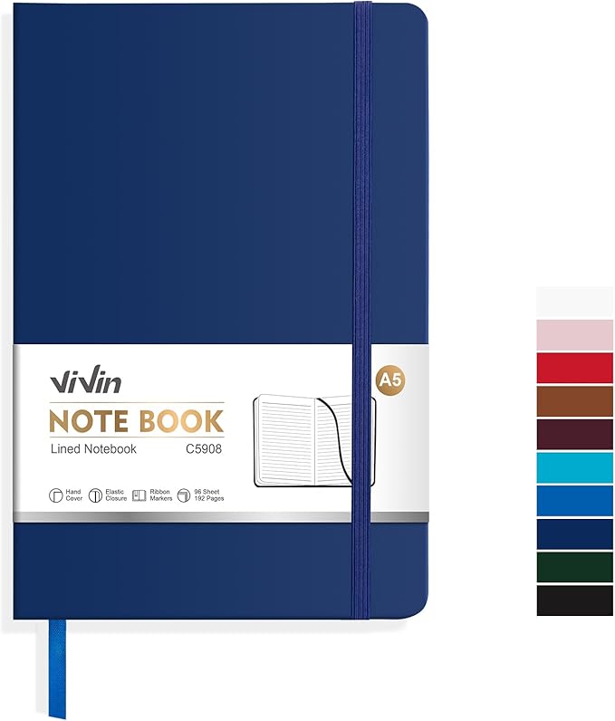 ViVin Lined Journal Notebooks for Work, 192 Pages, Medium 5.5 x 8.3 inch, College Ruled, A5 Hardcover Journaling Notebooks for Writing，1 Pack