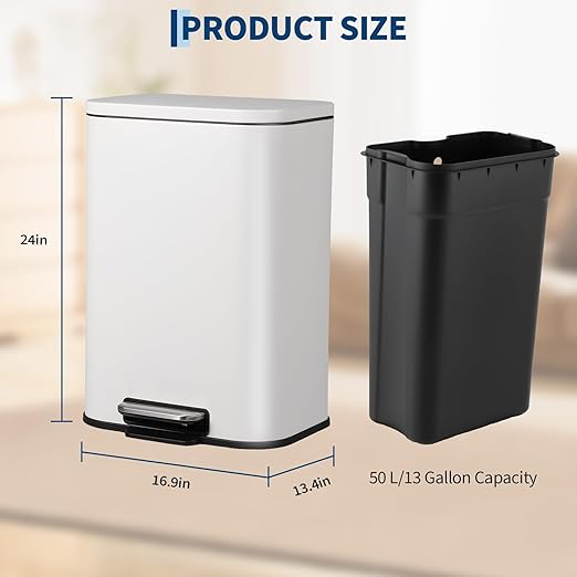 Takywep 13.2 Gallon Brushed Stainless Steel Trash Can with Soft-Close Lid, 3.2/5.3/8/13.2 Gallon Smudge-Resistant Compact Garbage Bin for Kitchen, Bathroom, Office - Black & White