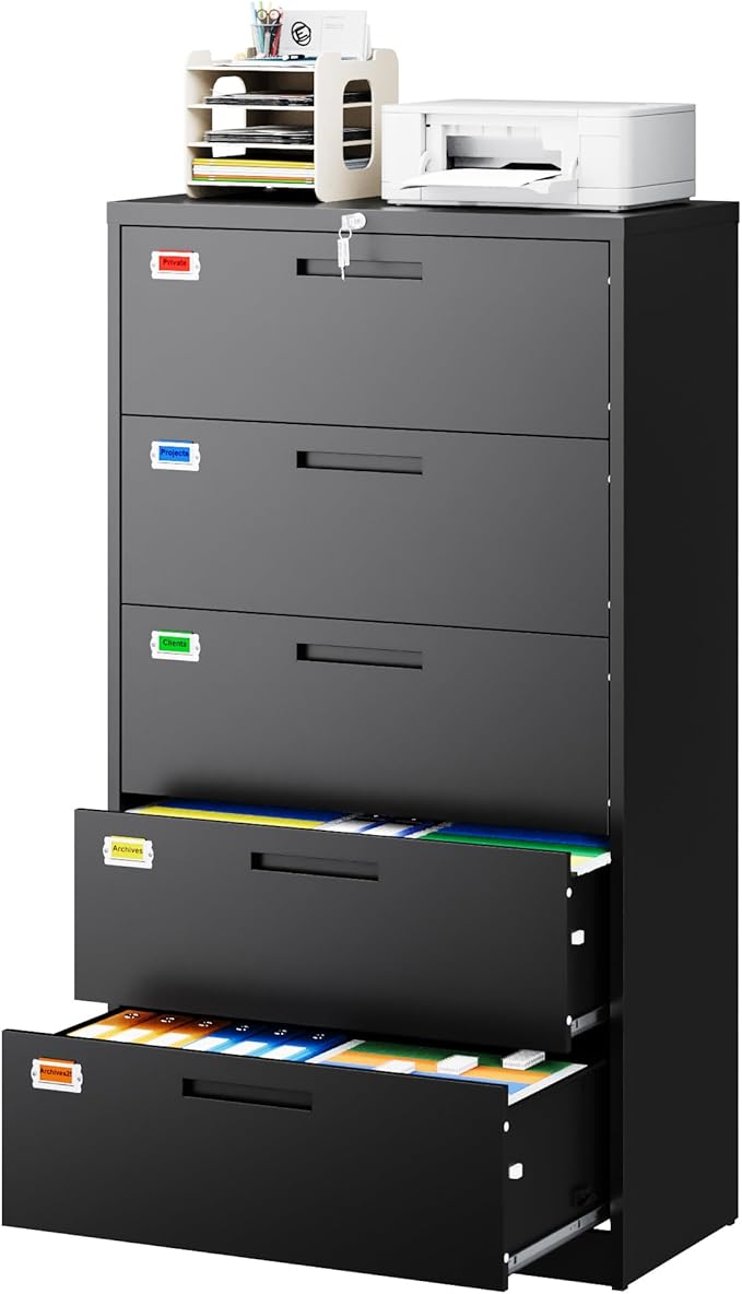 PEUKC 5 Drawer File Cabinet, Lateral Filing Cabinets for Home Office, Office Storage Drawers with Lock, Hanging Files Legal/Letter A4 Size (Assemble Required,Black)