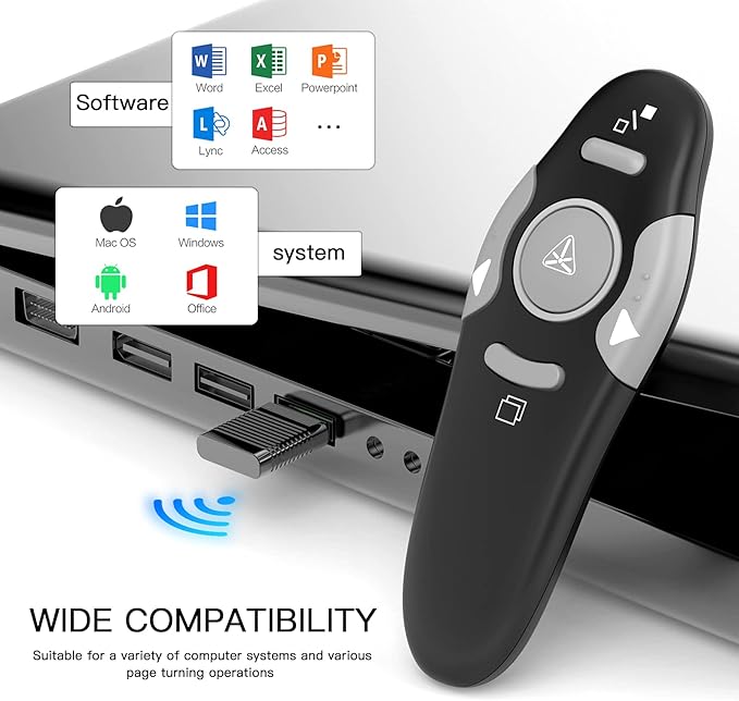 QUI Presentation Clicker Wireless Presenter Remote Clicker for PowerPoint Presentation Remote, PowerPoint Slide Advancer for Mac/Windows/Linux, Google Slide/PPT/Keynote, USB A, Black