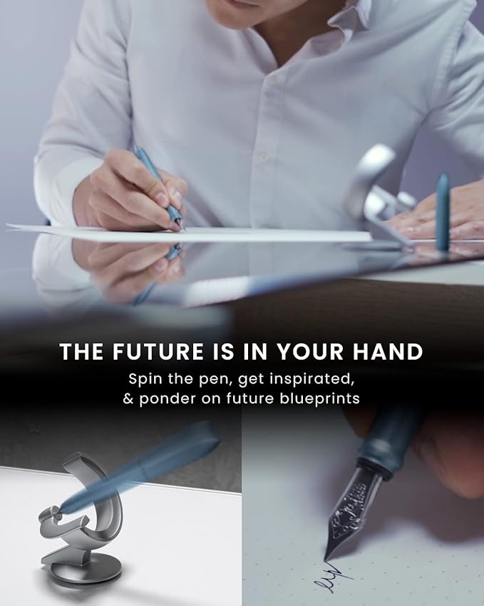 novium Hoverpen Future - Luxury Fountain Pen, Schmidt Nib (Fine), Converter, Extra Refill, Futuristic Aesthetic, Aerospace Metal, Best Pen Gift Set for Men & Women (Mist Blue)