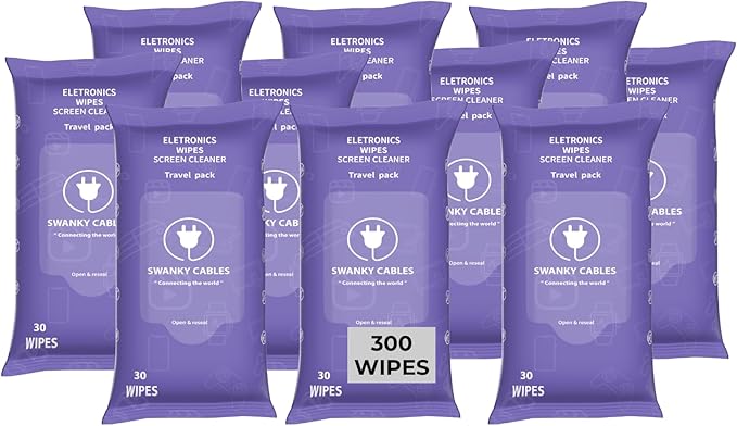 Swanky Cables Screen Cleaner Wipes: Electronic Wipes for Screens - Computer Screen Wipes for Lens, Phone, Tv Screen and Monitor Cleaning - Tech Wipes & Microfiber Cloth (Soft Wipes, 300 Count)