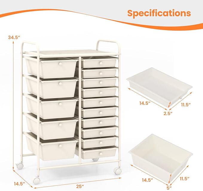 GLACER 15 Drawers Rolling Cart, Storage Cart with w/Removable Drawers & Steel Frame, Multipurpose Organizer Cart w/Sleek Handle, Utility Cart on Lockable Wheels for Home, School, Office (White)