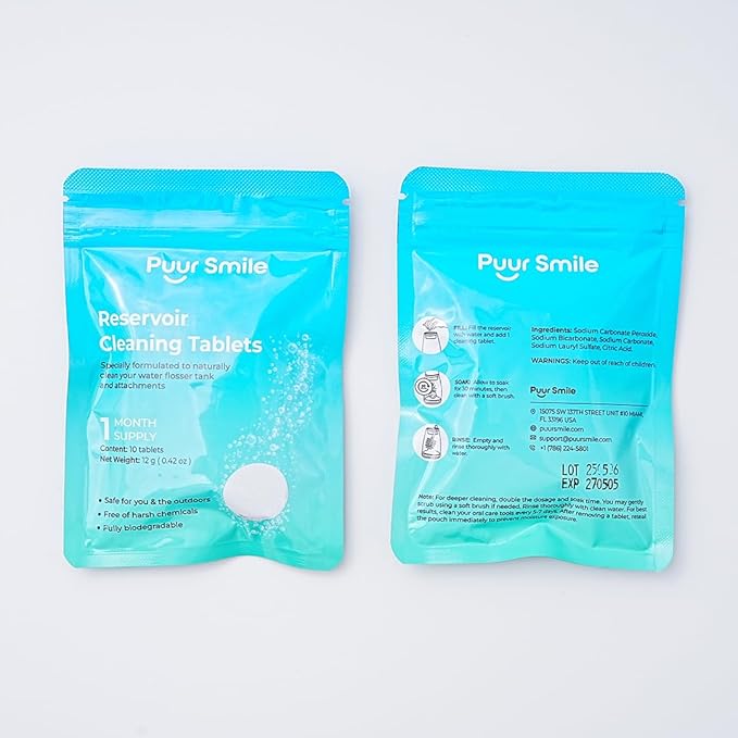 Puur Smile Water Flosser Reservoir Cleaning Tablets – 1 Month Supply – Deep Clean for Water Tank & Attachments – Natural Ingredients, Biodegradable, Safe & Easy to Use (10 Tablets)