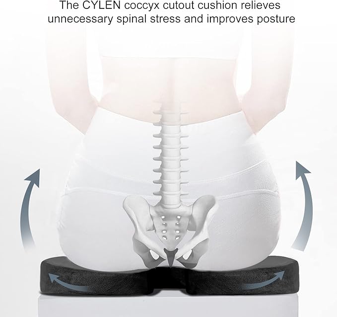 CYLEN Home Office Seat Cushion - Comfort Memory Foam Chair Cushion with Cooling Gel Infused for Tailbone, Coccyx, Back & Sciatica Pain Relief (Black-Blue)