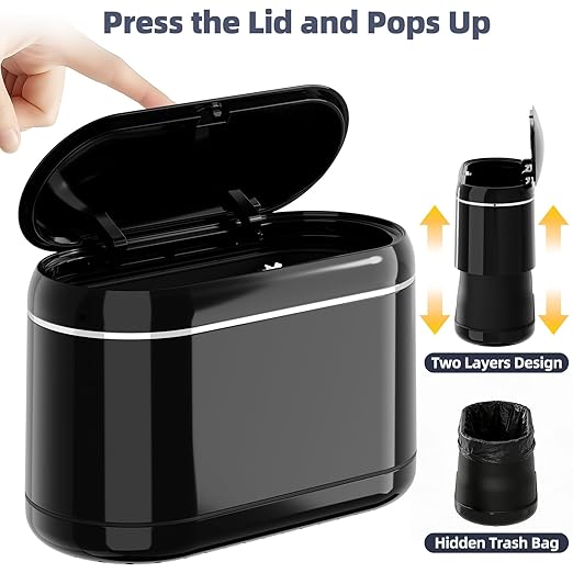 PAVSTINE Mini Trash Can for Desk with 5 Rolls of Trash Bags, Small Press-Top Countertop Garbage Bin, Removable Waste Basket for Bedroom, Vanity, Coffee Table, Kitchen (Black Full-Lid)