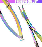 Cross Edge Curved Spring Scissors 5 Inch Stainless Steel Precision Eyebrow & Eyelash Shaping & Trimming Scissor, Snips Squeeze, Embroidery, Knitting Micro Tip Craft Scissors (Rainbow)