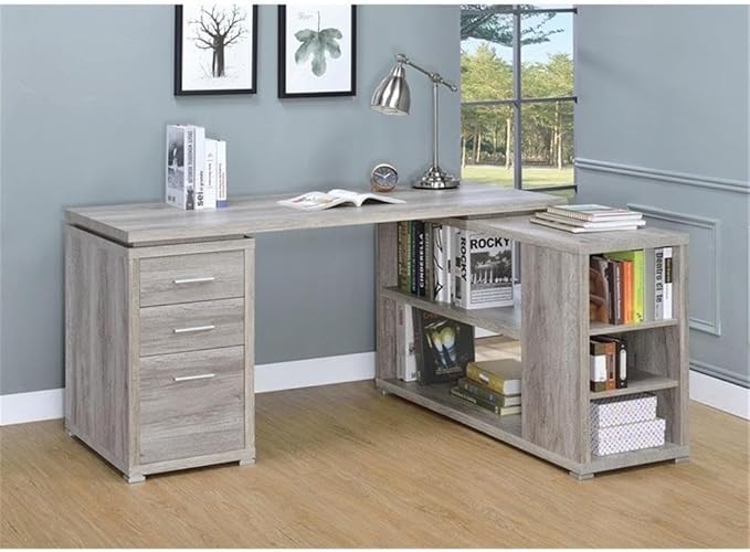 Pemberly Row L Shape Corner Storage Desk in Grey Driftwood, Letter/Legal File, 5 Bookshelves