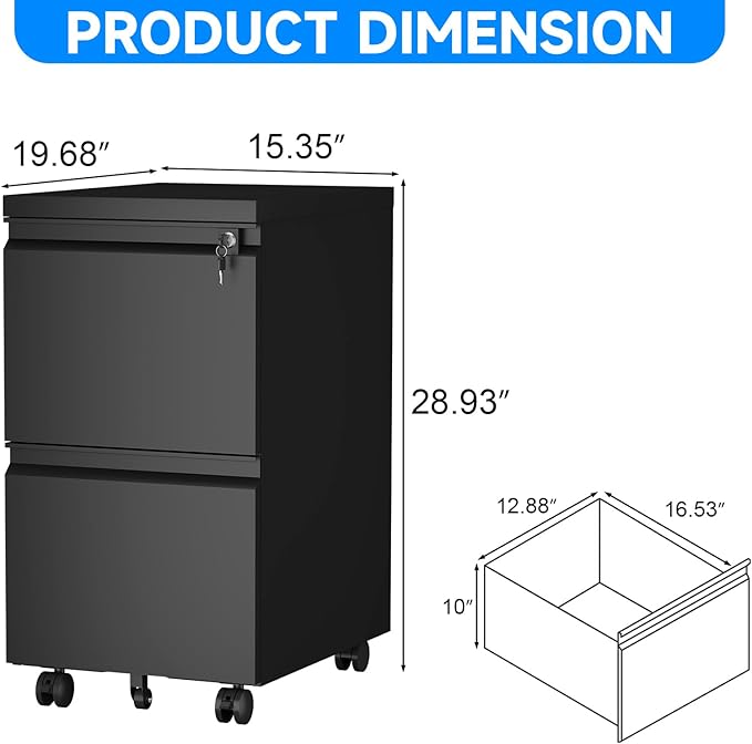 HOMOFFICE 2 Drawer File Cabinet with Lock, Metal Mobile Filing Cabinet on Wheels, Compact Desk Side Storage Cabinet for Home Office, Letter/Legal/A4 File Organizer with Anti-Tip Wheel (Black)