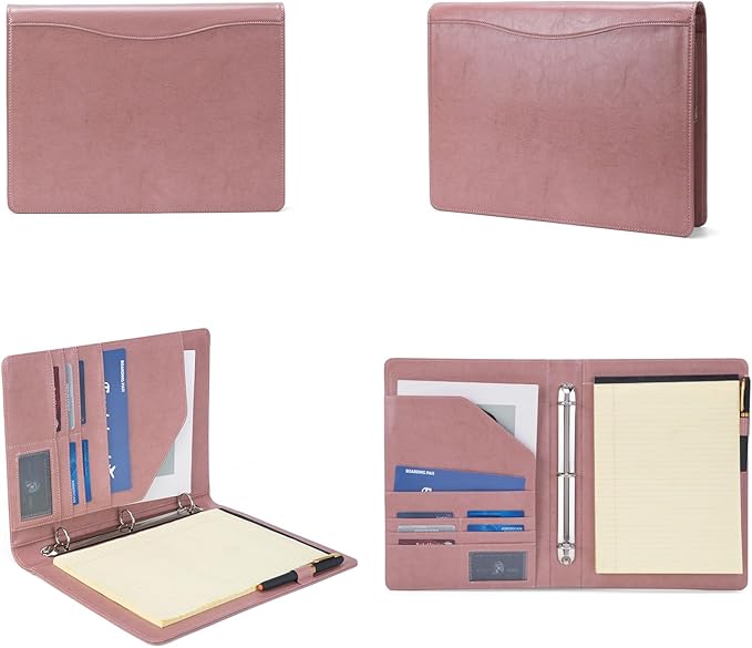 Geslun Personalized Vegan Leather 3 Ring Binder, Custom 8.5 x 11 Letter Size Folio with Pen Holder, Soft Notebook Portfolio Cover, Notepad Padfolio Organizer for Meeting, Pink