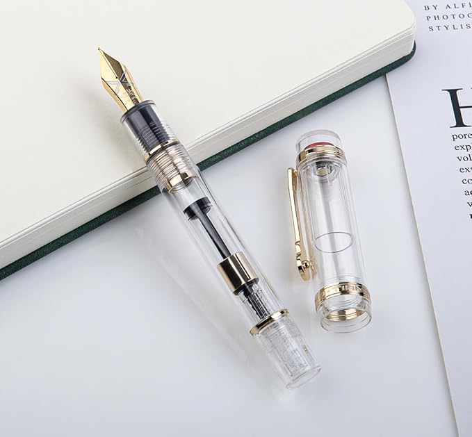 JINHAO 1935 Fountain Pen TIANDAO Series #8 Nib Ink Pen with Guitar-Shaped Clip and Ink Converter (F Nib 0.5mm, Transparent)