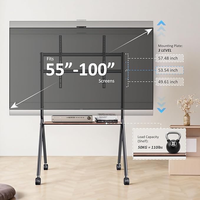 Glidesync Smart Board Stand for 55-100 Inch Interactive Whiteboards,Flat&Curved TVs,Holds Up to 265lbs,Height Adjustable Interactive Board Stand with Lockable Wheels for Office/Classroom/Home