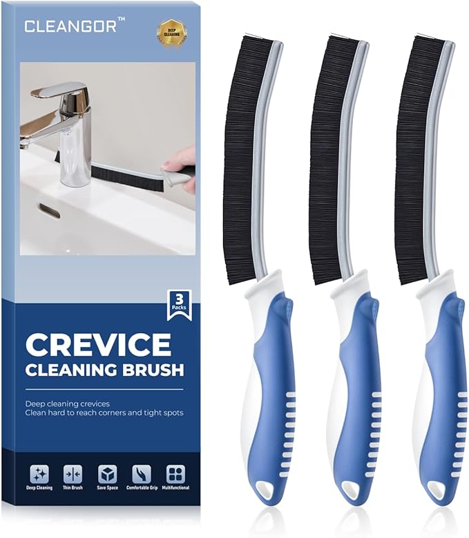 Cleangor Crevice Cleaning Brushes, Scrub Brush for Hard to Reach Small Space, Home Essentials, Cleaning Supplies, Cleaning Tools for Household Use, Bathroom, Shower, Kitchen, Toilet, Window (3, Blue)