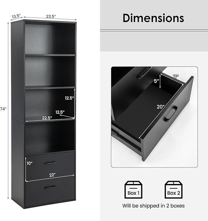 Tangkula 4 Shelf Bookcase with 2 Drawers, 74 Inch 4 Tiers Tall Open Bookshelf with 2 Slide-Out Drawers, Anti-toppling Device, Freestanding Wood Storage Shelf for Home Office (Black, 74" H)