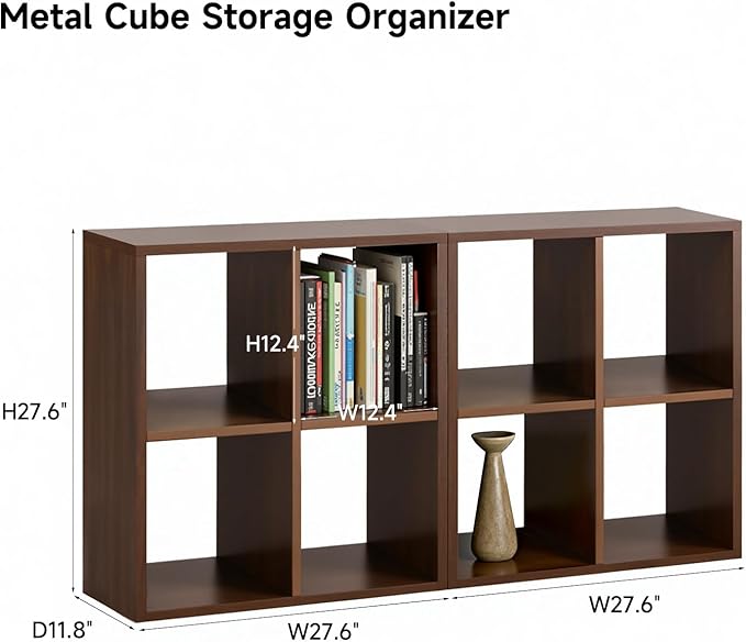 IRONMIX Metal 4 Cube Storage Organizer, Short Bookshelf with Storage, 2 Tier Horizontal Bookshelf, Small Cube Shelf, Freestanding TV Stand for Classroom, Home Office Library(Dark Wooden, 700-2 Set)