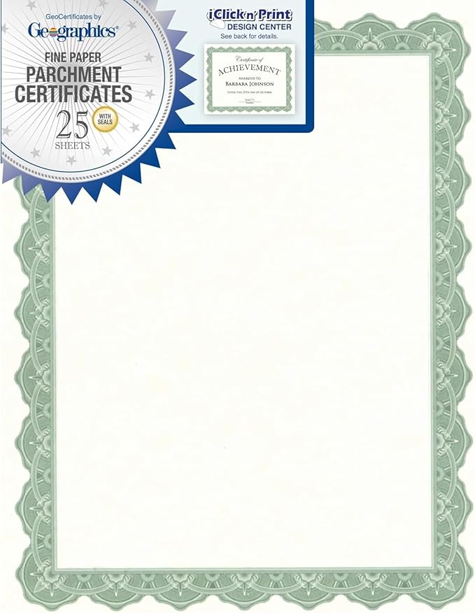 Geographics® 30% Recycled Blank Parchment Certificates, 8 1/2" x 11", Optima Green, Pack of 25