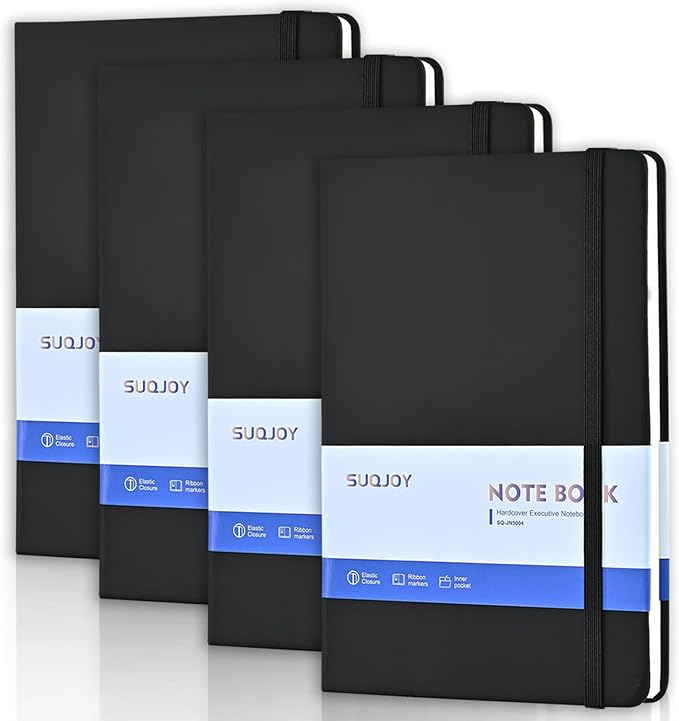 SUQJOY Lined Journal Notebooks, 4 Pack 160 Pages, 5.5x 8.2-Inch Journals for Women Men, Hardcover Notebook with 100 gsm Thick Paper, A5 Size College Ruled Notebook for Writing/Travel/Work (Black-4 Pack)
