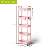 Sorgion 5 Tier Rolling Cart Organizer,Bathroom Cart Organizers with Wheels Laundry Room Organization Mobile Shelving Unit Utility Cart Storage Shelves Multi-Functional for Office, Home(Pink)