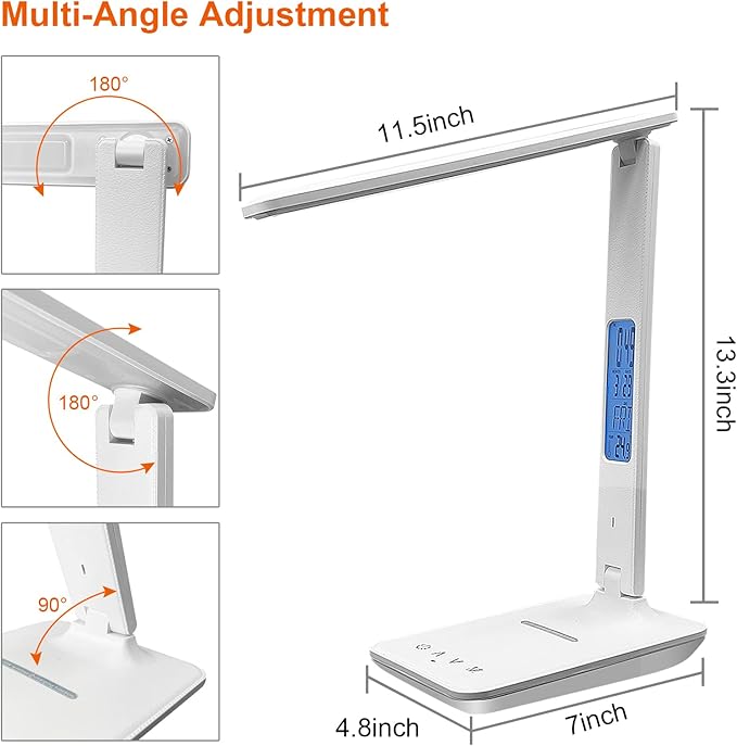 snsok Desk Lamp with Wireless Charger, USB Charging Port, Dimmable Office Desk Light with Clock, Alarm, Date, Temperature, Foldable Lamp for Table Bedroom Bedside Office (White)