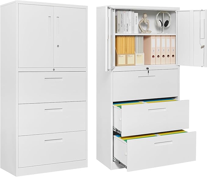 PEUKC 3-Drawer Metal File Cabinet, Lateral Vertical Filing Cabinets for Home Office, Locking Cabinet with Storage Shelves, Legal/Letter/A4 Size Office File Cabinet,(White, Assemble Required)