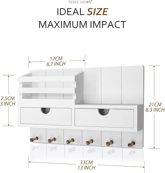 Rebee Vision Decorative Key Holder Wall Mount for Home Decor - Mail Holder with 2 Drawer Organizer and 6 Key Hooks - Home Organization for Aesthetic Room Decor (White)