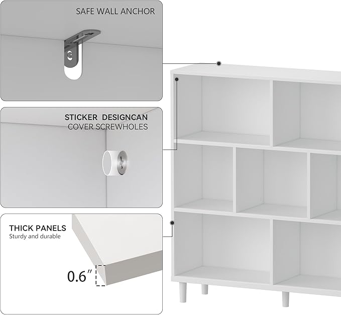 Chyanmoo Wood Cube Storage Organizer White Bookshelf - 3-Tier Freestanding Storage Cabinet with Legs for Home Office, 7-Cubes Open Shelf