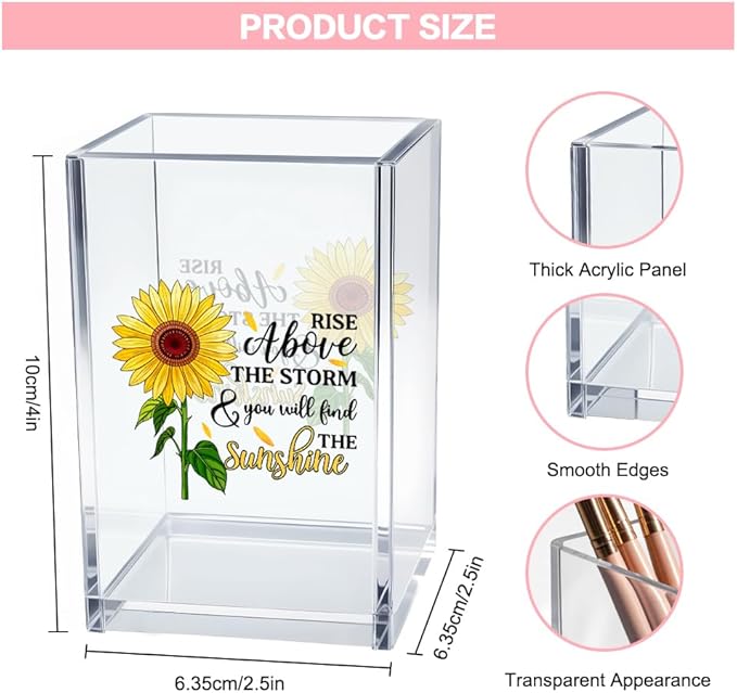 Vgrti Rise Above The Storm and You Will find The Sunshine Acrylic Cosmetic Pencil Pen Holder Cup, Positive Sunflower Desk Organizer Accessories for Home Office Decor, Motivational Gifts for Women Girl