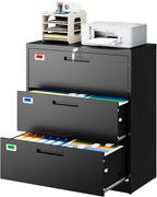 PEUKC 3 Drawer File Cabinet, Lateral Filing Cabinets for Home Office, Office Storage Drawers with Lock, Hanging Files Legal/Letter A4 Size (Assemble Required,Black)