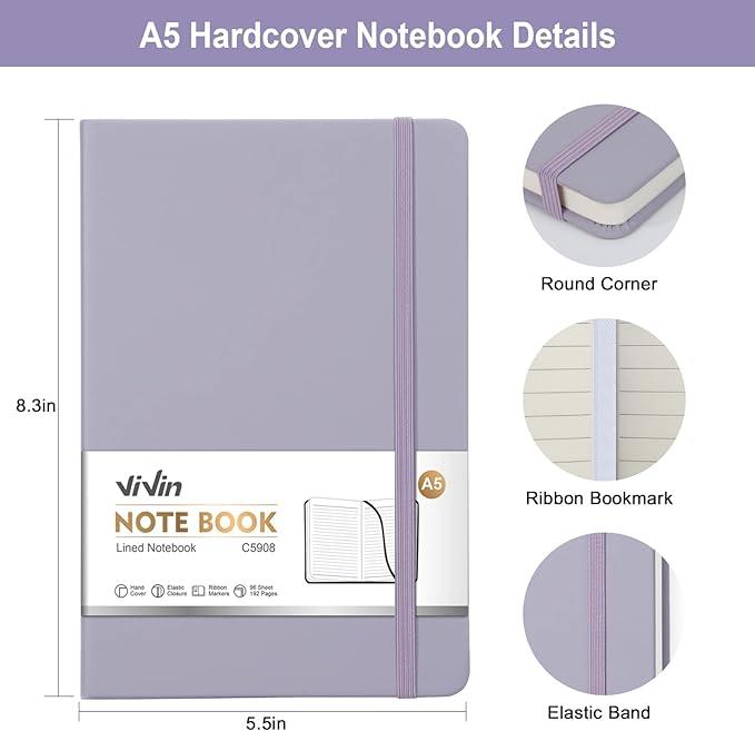 ViVin Lined Journal Notebooks for Work,192 Pages,5.5 x 8.3 inch,College Ruled,A5 Hardcover Journaling Notebooks for Work,3 Pack(Morandi Purple,Morandi Blue,Morandi Gree)