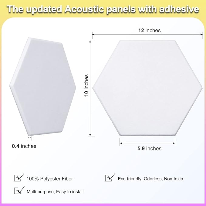 18 Pack Self-adhesive Acoustic Panels Soundproof Wall Panels 12"X10"X 0.4" Sound Absorbing Panel for Decoration Sound Deadening Panels Acoustic Treatment Panel For Home Office（White Hexagonal Design）