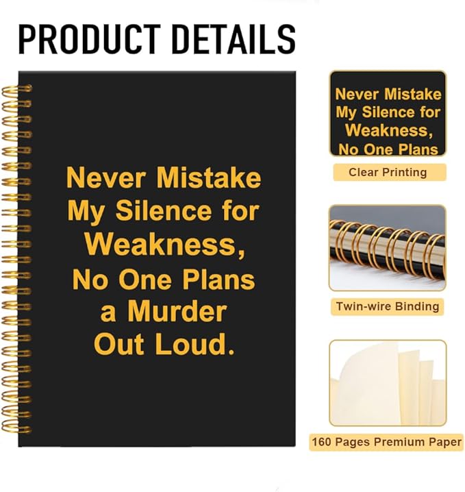 Mhfpl Never Mistake My Silence for Weakness Black Golden Spiral Notebook, Office Gag Gifts for Boss Leader, Funny Saying Sarcastic Work Notebook Gifts for Coworker Supervisor Mentor Manager