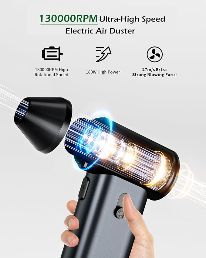 Compressed Air Duster, 130000RPM Super Power Cordless Air Duster, Rechargeable Brushless Motor Durable Blower, Electric Adjustable Dust Blower Dust Remover for Keyboard, Computer, Car, Home Cleaning