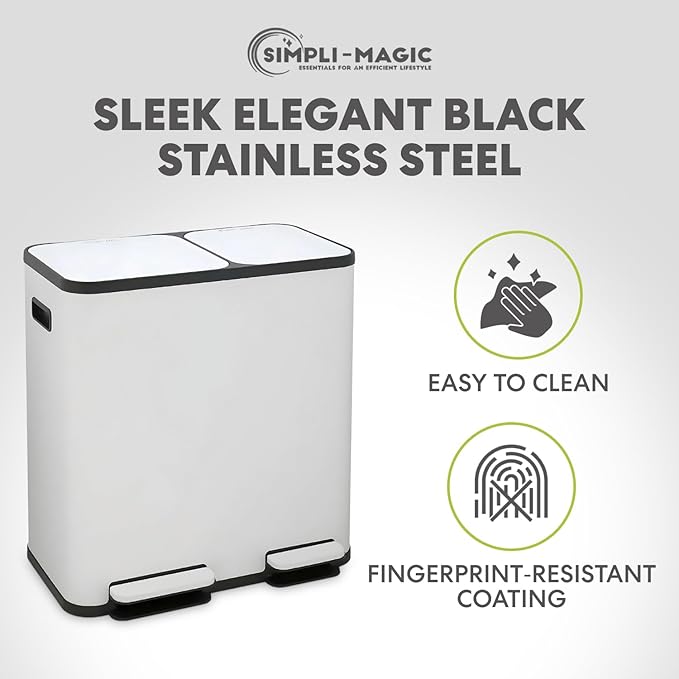 70 Liter / 18.5 Gallon Rectangular Hands-Free Dual Compartment Recycling Kitchen Step Trash Can with Soft-Close Single Lid, Stainless Steel (40L x 30L Capacity), White