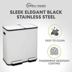 70 Liter / 18.5 Gallon Rectangular Hands-Free Dual Compartment Recycling Kitchen Step Trash Can with Soft-Close Single Lid, Stainless Steel (40L x 30L Capacity), White