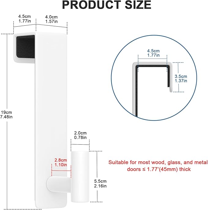 PMMASTO 2-Pack Over The Door Hooks - Rustproof Stainless Steel Door Hangers for 1-3/4 Inch Doors, Non-Marking and Tool-Free Easy Install (White, T Shape-Fits 1-3/4" Thick Door)