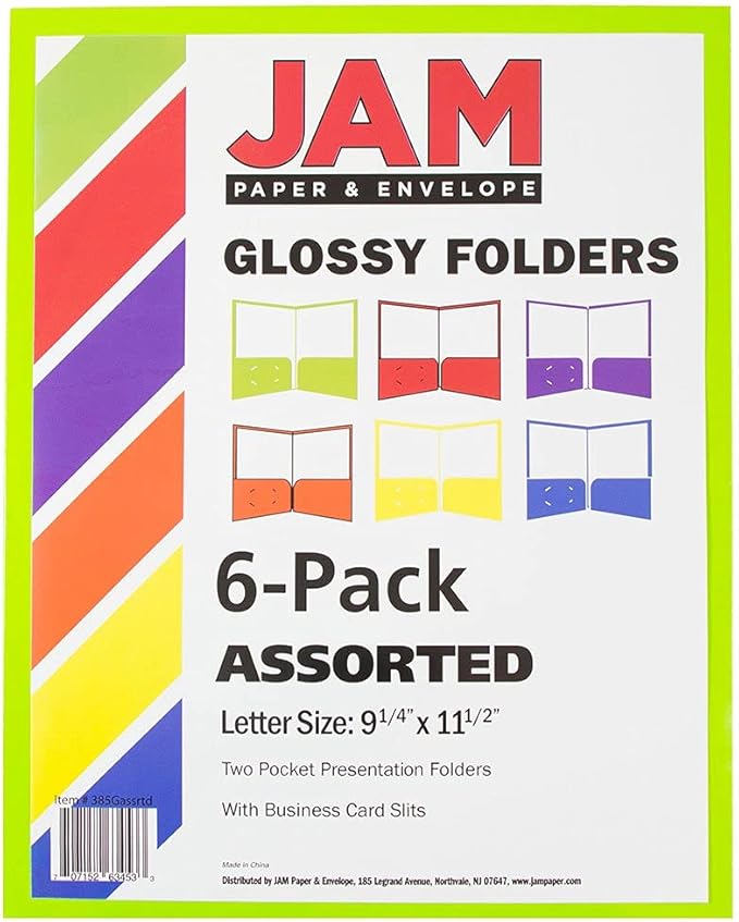 JAM PAPER Laminated Two Pocket Glossy School Folders - Letter Size - High Gloss Assorted Primary Colors - 6/Pack