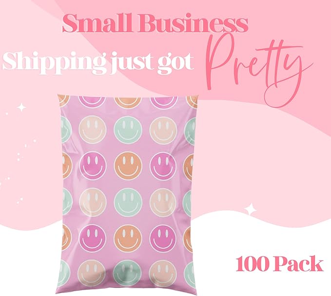 Pretty Package Store 6x9 Designer Poly Mailer 100 Pack Heavy Duty Waterproof Self Seal Shipping Bags for Small Business Large Mailing Envelopes Bulk Tear Resistant Cute Packaging Smiley Face